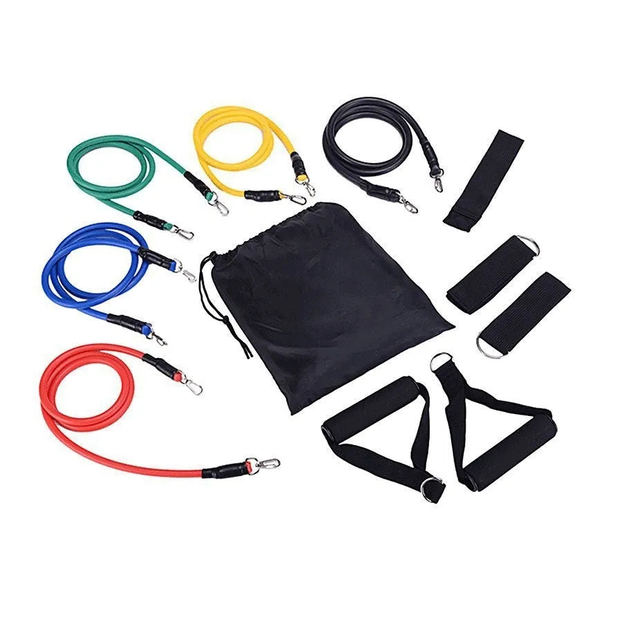 Multi-functional door sports 11-piece fitness set with pulling rope, housed in cloth bag packaging.