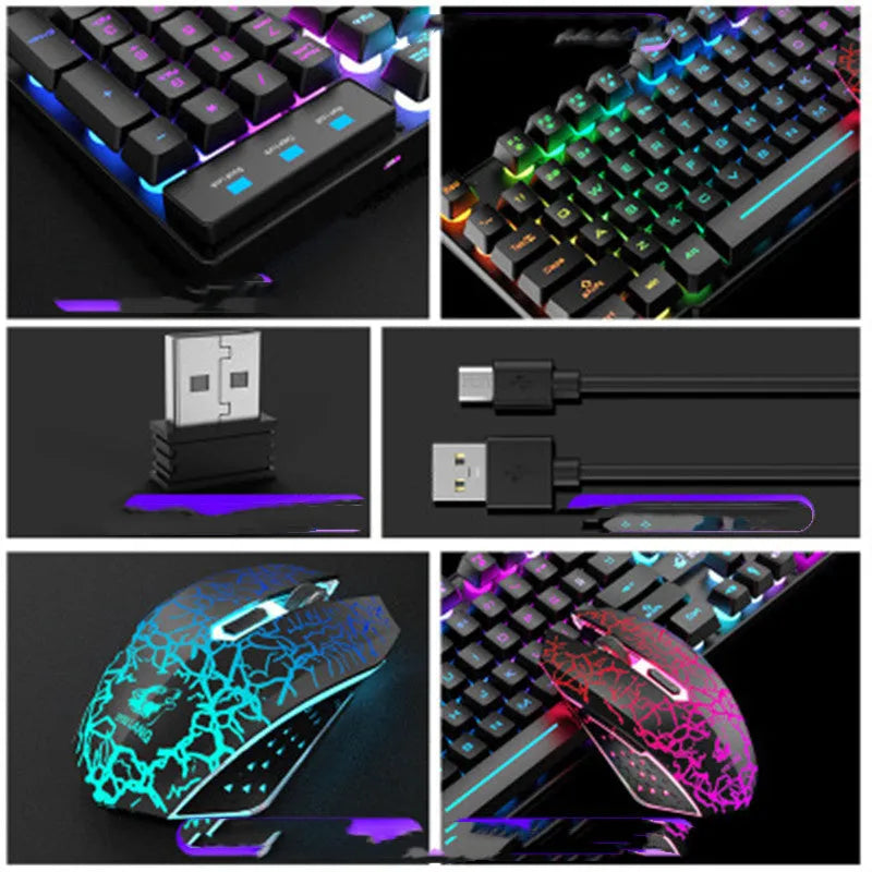 T3 wireless charging keyboard and mouse set in black rainbow, black orange, or white rainbow colour options.