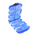 Black plastic fishing tackle storage box with 10 small grid compartments