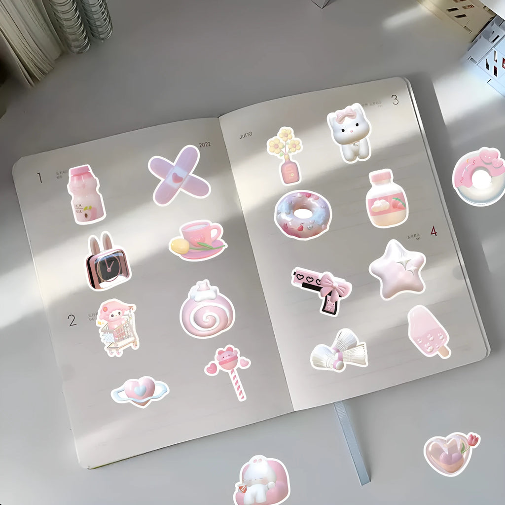 Pack of 63 pink 3D heart decorative stickers with cute style and adhesive backing.