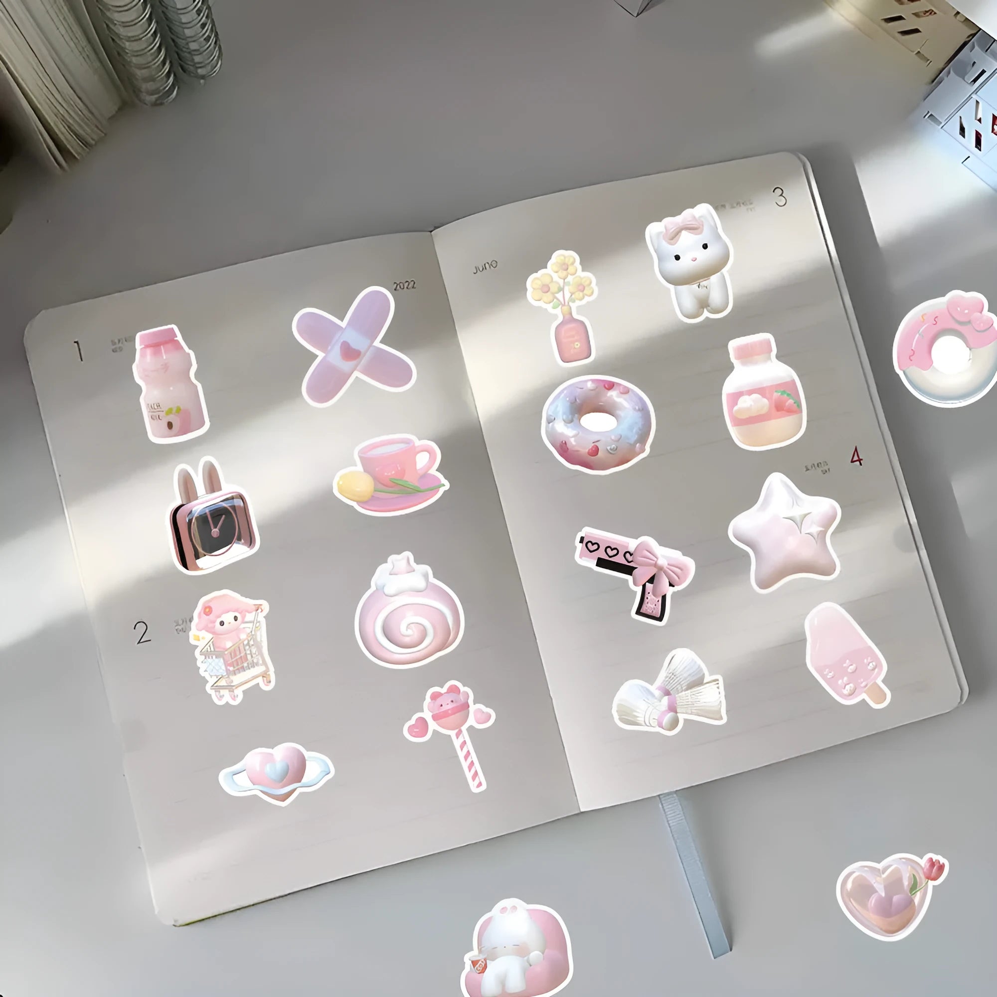 Pack of 63 pink 3D heart decorative stickers with cute style and adhesive backing.