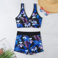 Women's two-piece swimsuit with printed boxer briefs and sleeveless top in multiple colours.