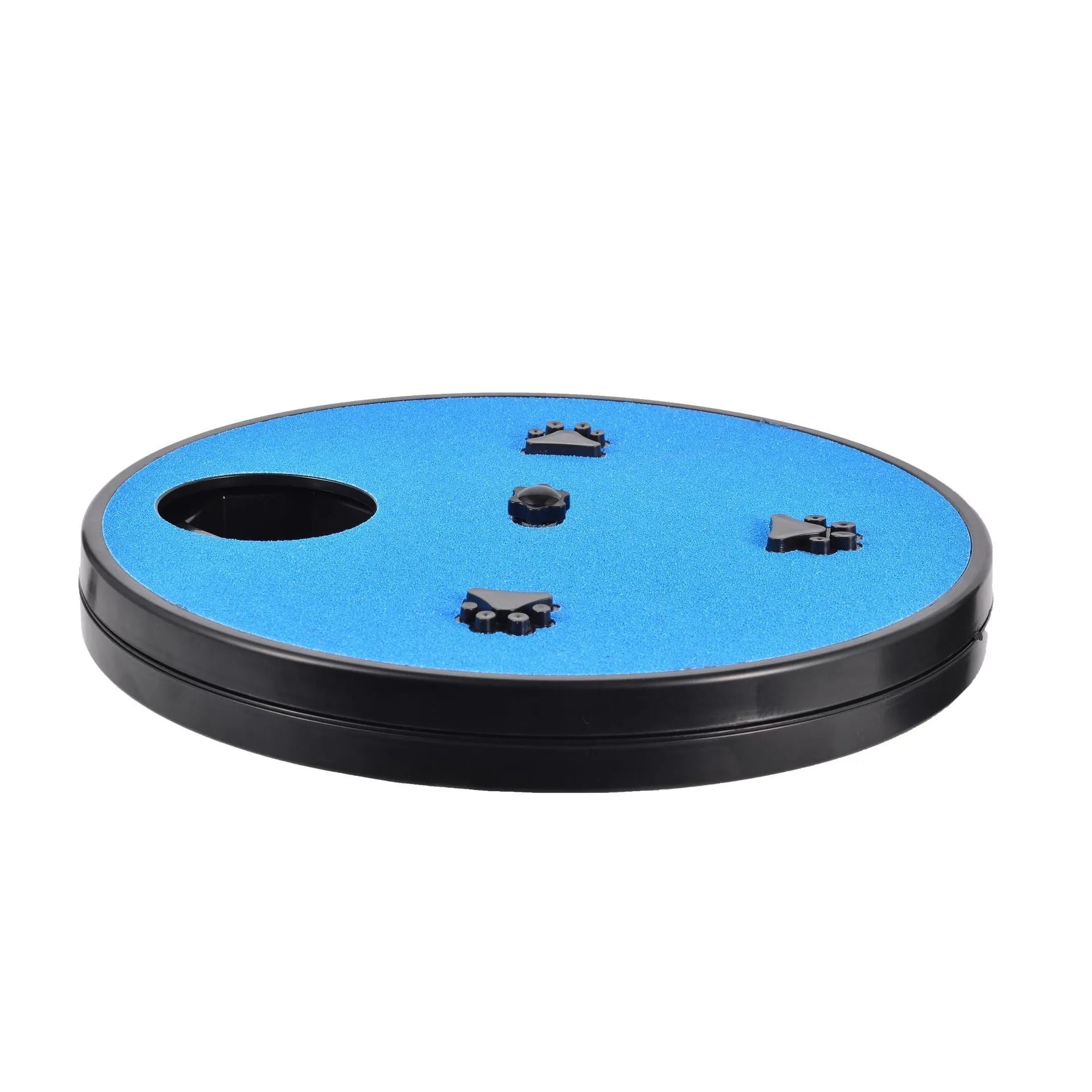 Square dog scratch pad with rotatable top cover showing food compartments and textured scratching surface