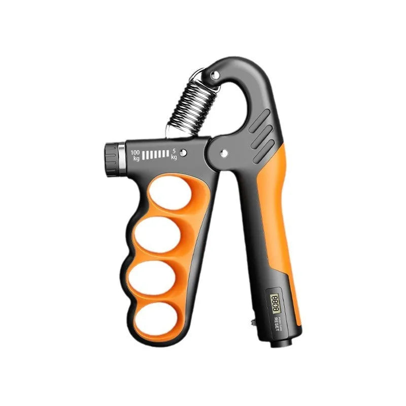 Adjustable electronic spring grip with digital counter display in orange, red or grey options