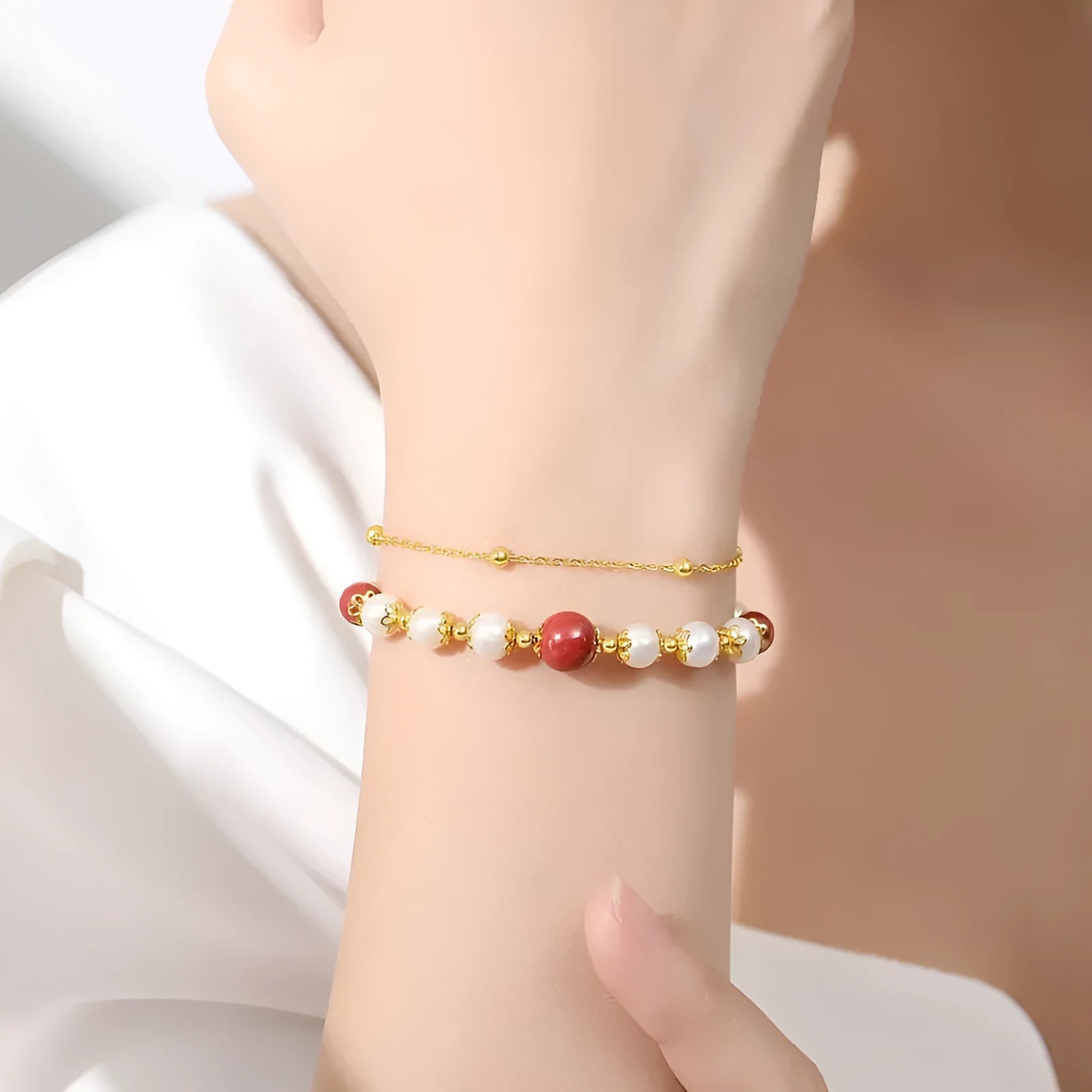 Sterling silver double-layer bracelet with cinnabar red bean freshwater pearls in geometric design