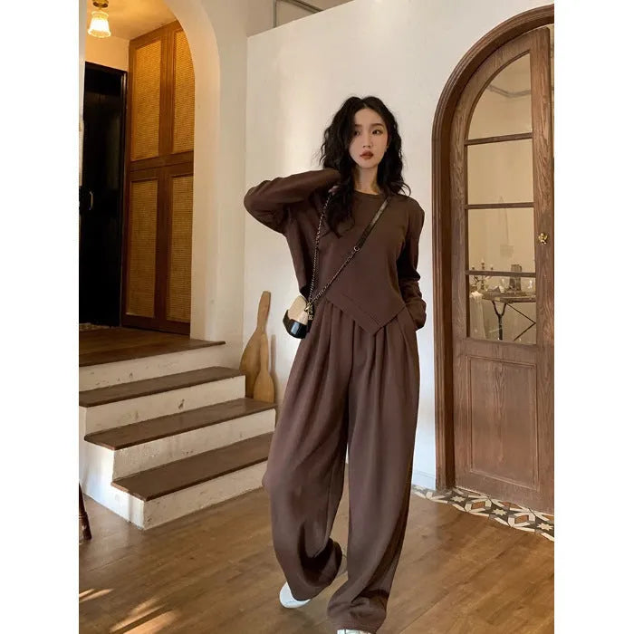 Women's brown casual sports suit with loose-fitting top and trousers in Japanese Korean style