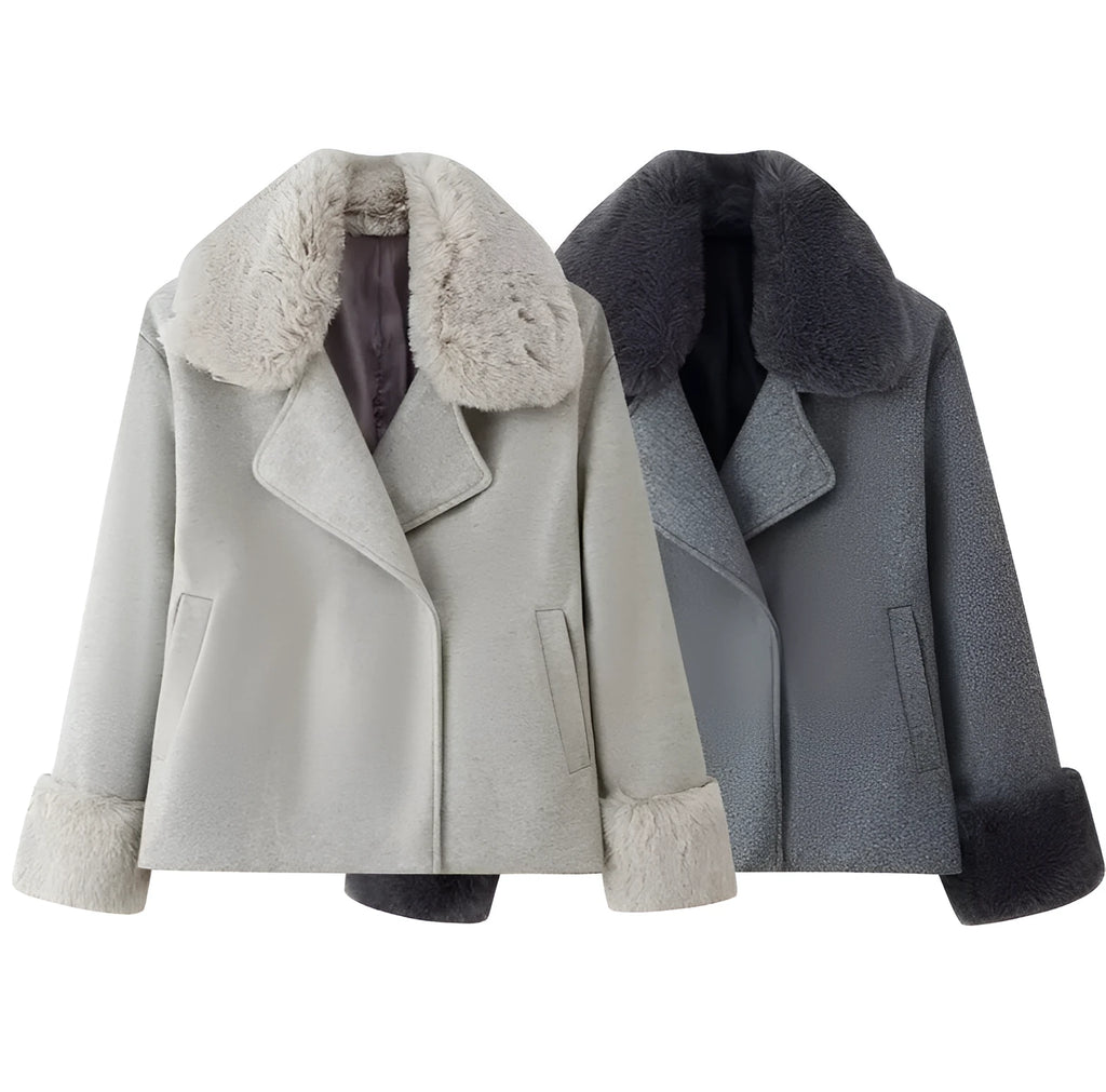 Women's short wool coat with imitation fur collar, gray, regular fit, extended length, on a model