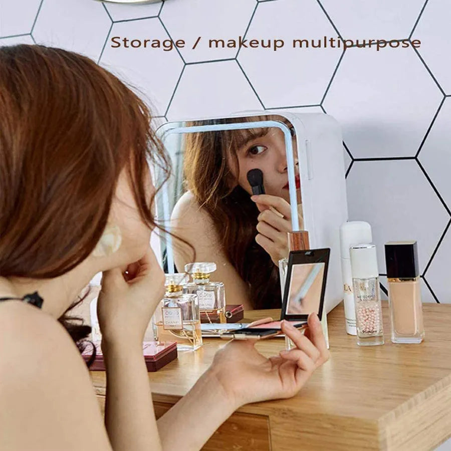 White mini cosmetic refrigerator with cooling and warming functions from 22 to 65 degrees Celsius