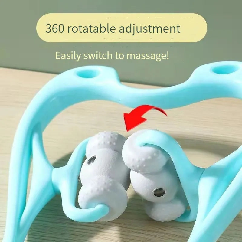 Blue manual neck massager with pressure nodes showing 360-degree rotation mechanism