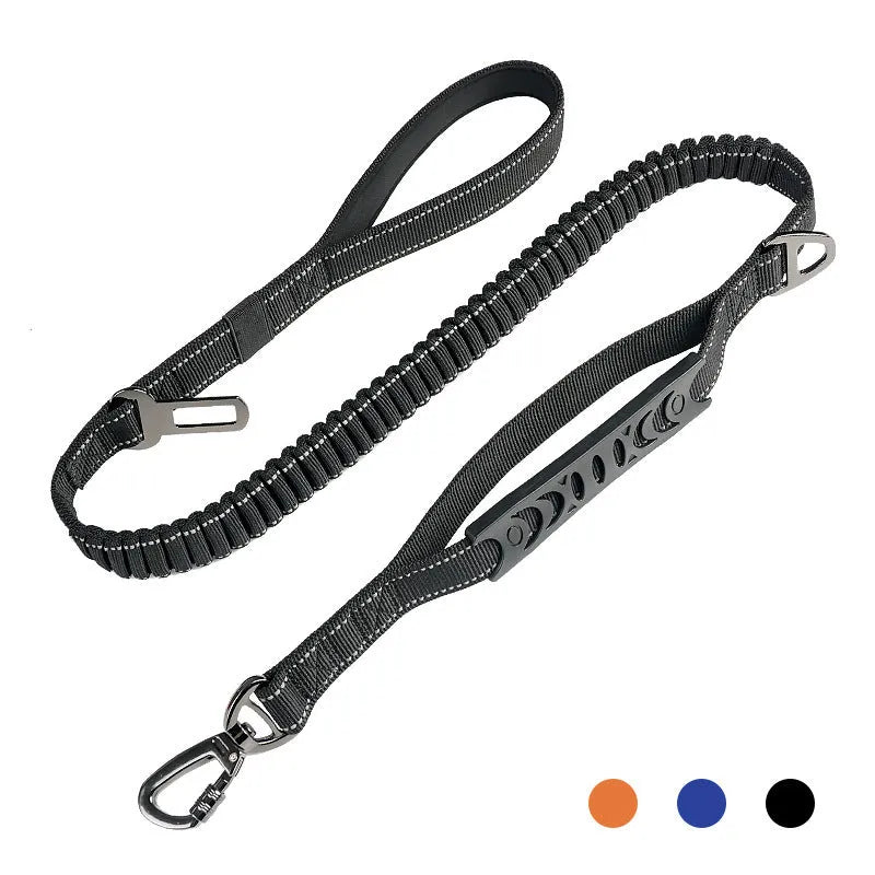 Retractable dog leash with reflective strip and comfort grip handle in black, orange, and khaki colours