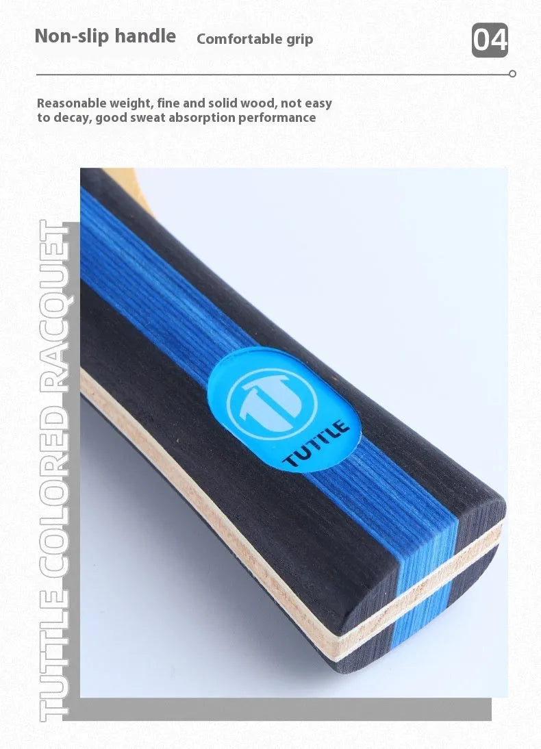 Pure wood table tennis racket with long blue shakehand grip handle and matching blue racket cover.