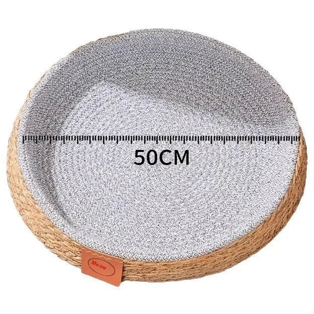 Natural woven rattan cat bed nest for pets, shown in size L.
