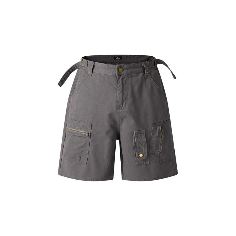 Retro-style washed cotton work shorts in loose fit shown in grey, green, camouflage and blue colour options.
