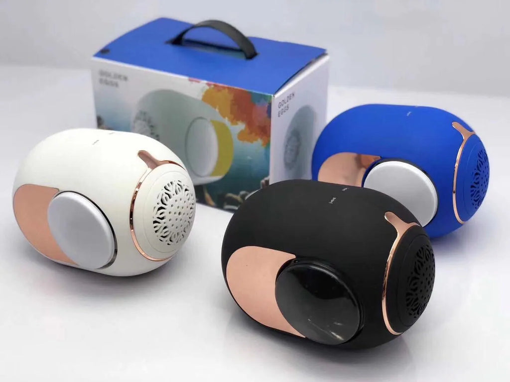 Compact egg-shaped portable Bluetooth speaker in choice of colours with charging cable