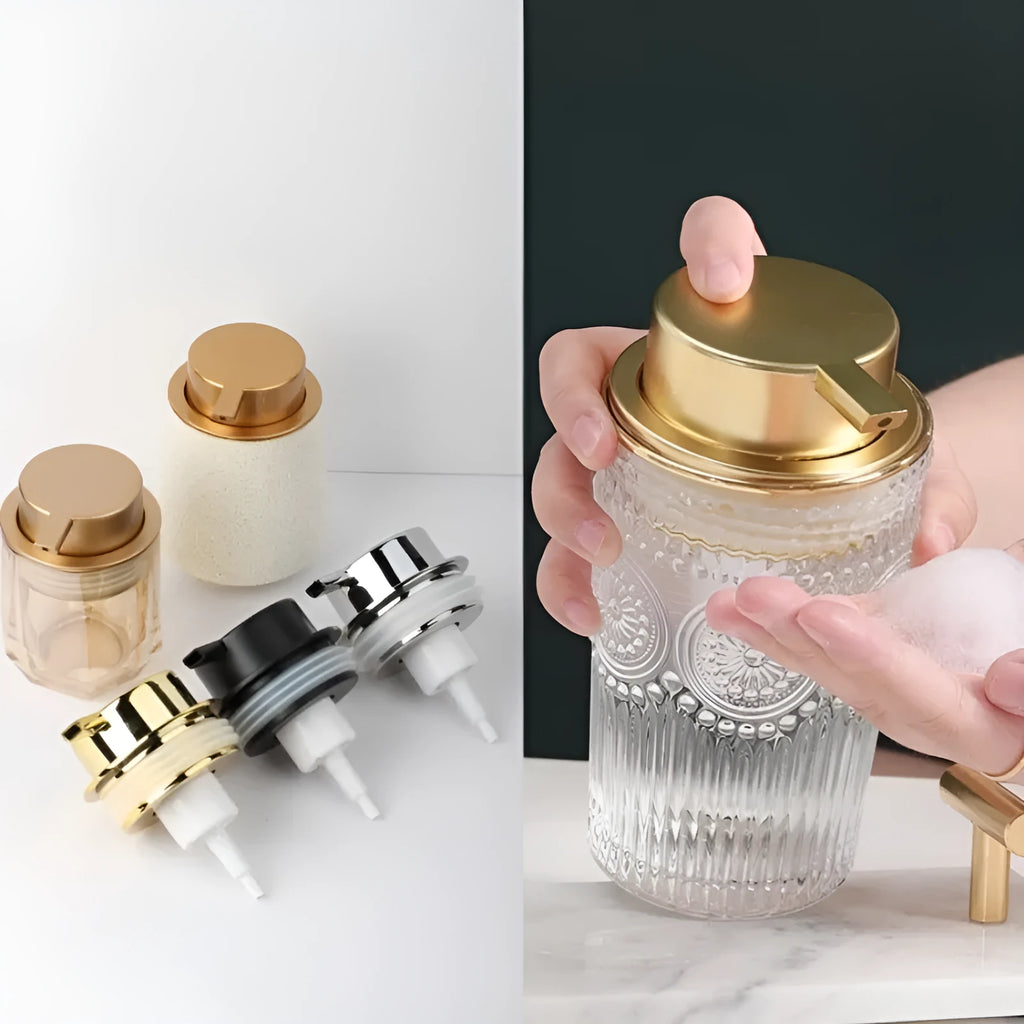 Foam pump for facial cleanser with large hand-push head in gold finish