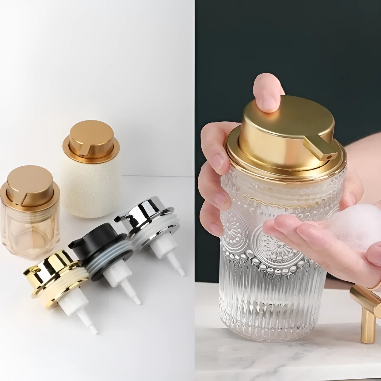 Foam pump for facial cleanser with large hand-push head in gold finish