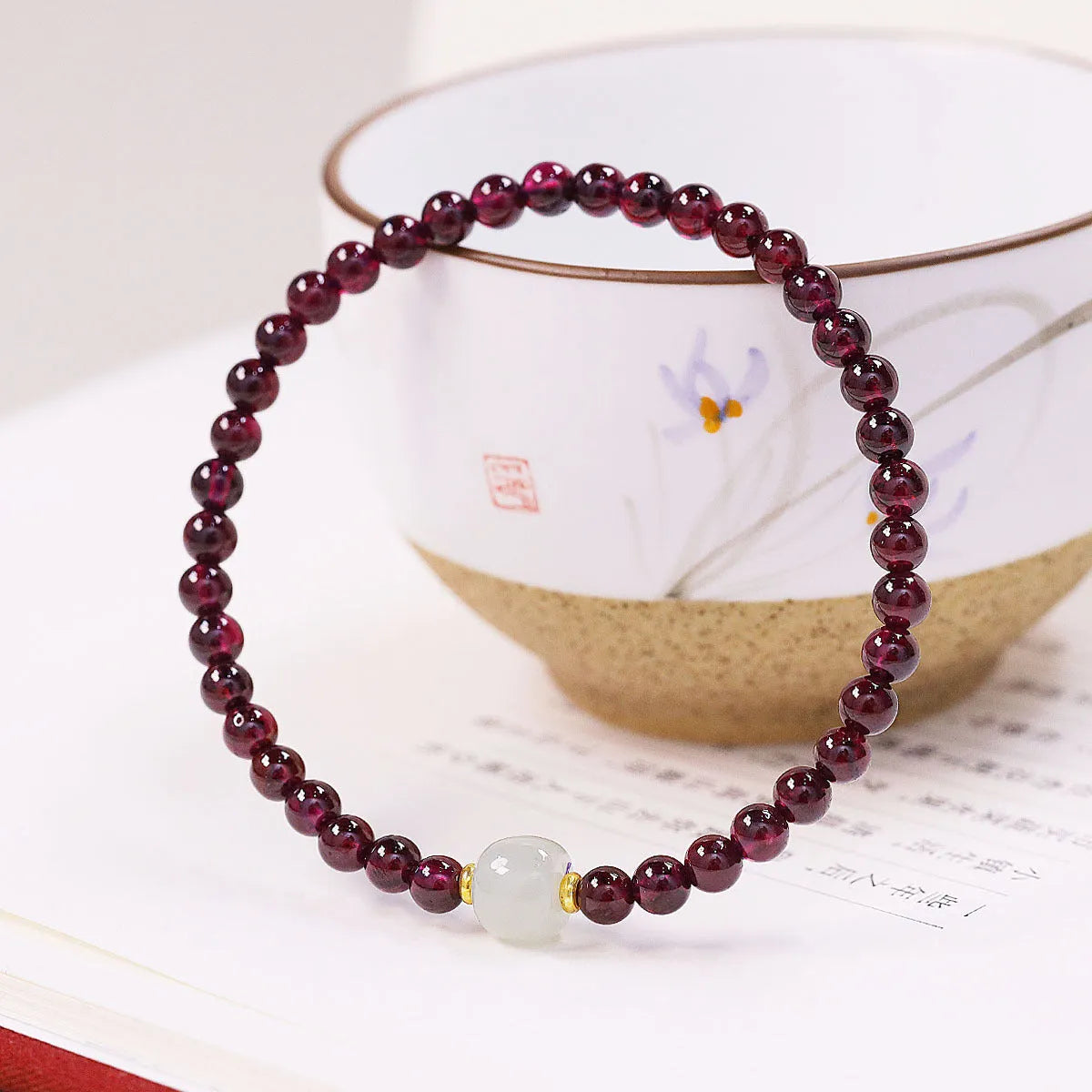 Women's garnet bracelet with U-shaped 18mm size and polished beads in 4mm or 6mm diameter options