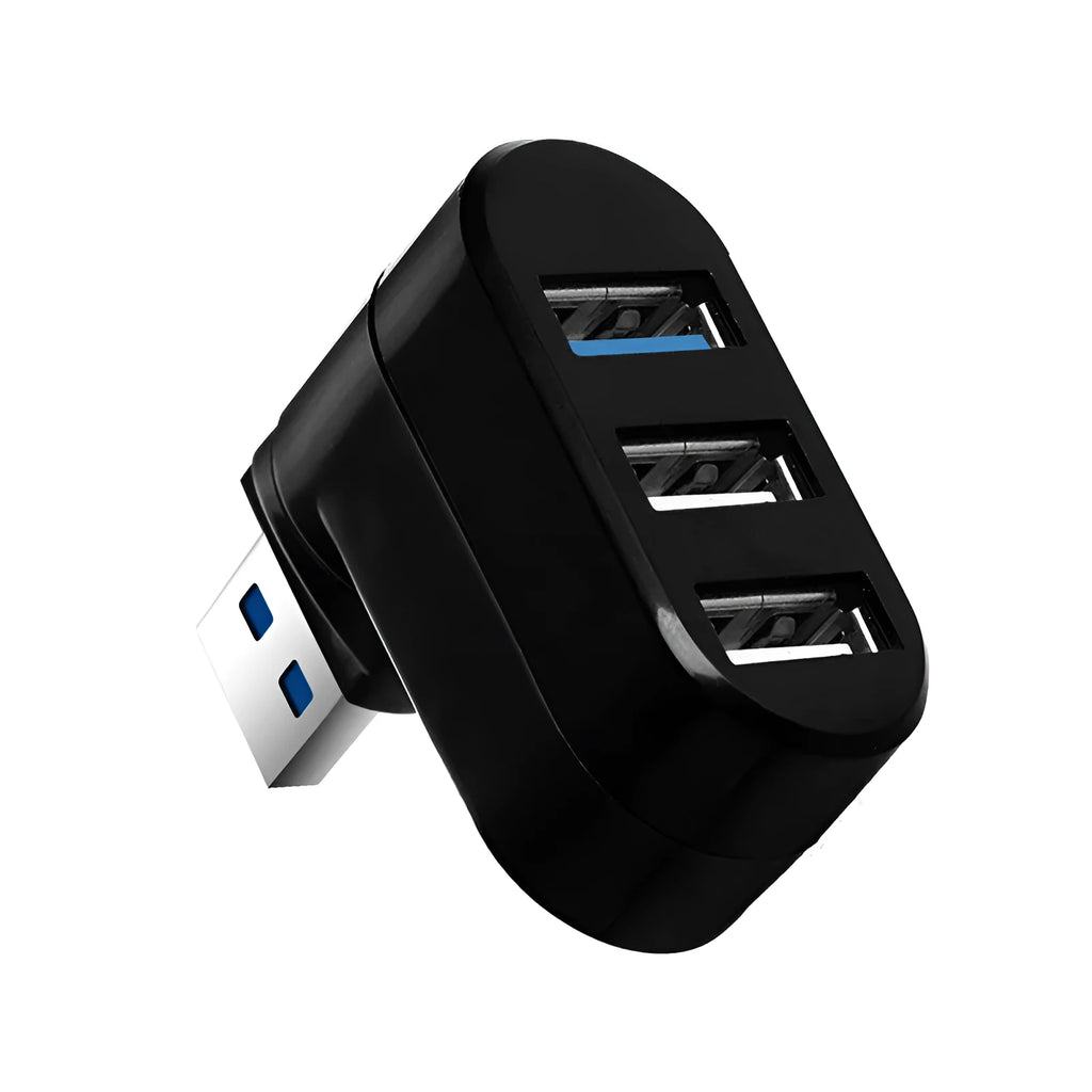 Black rotating USB hub with four ports on a white background.
