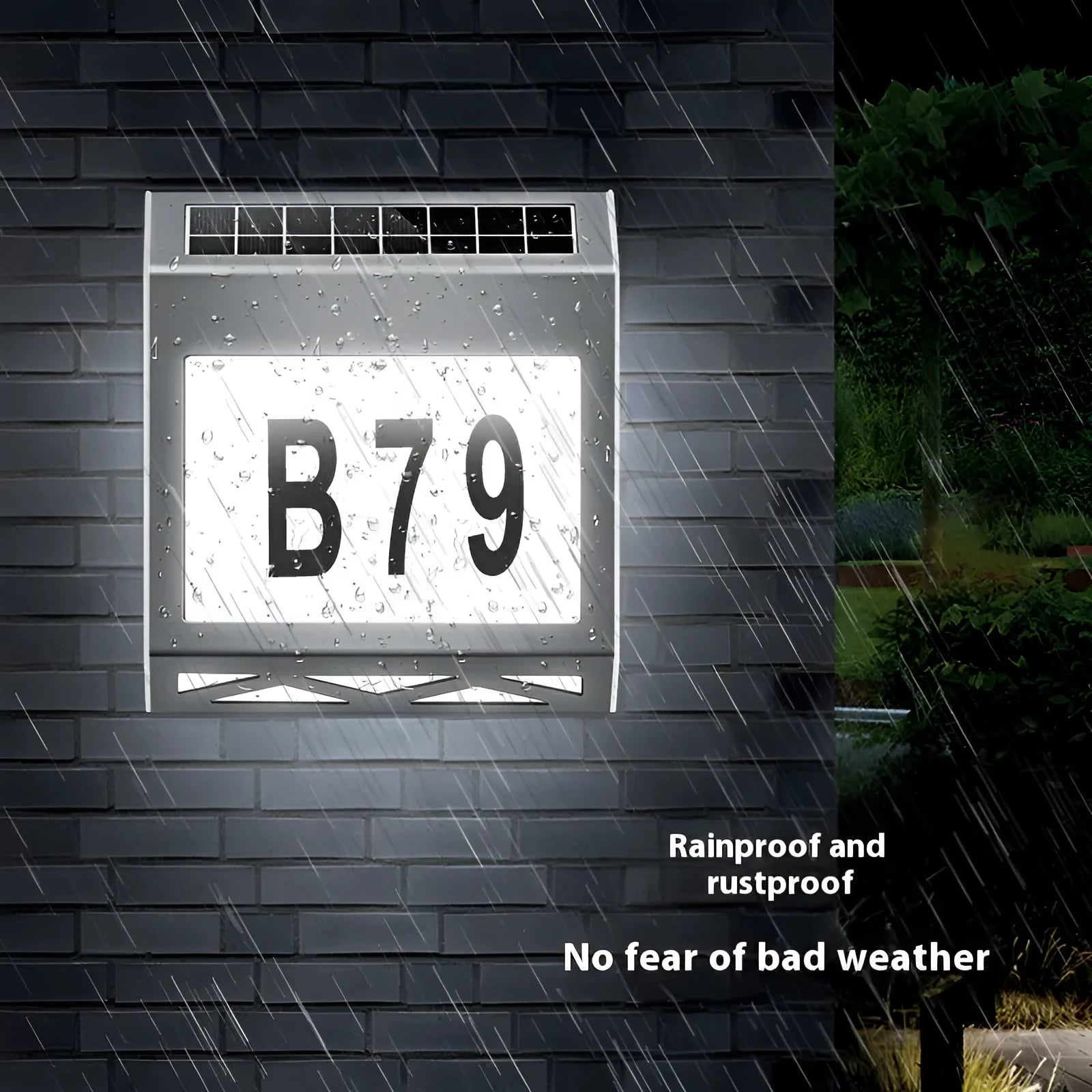 Solar powered waterproof doorplate light in black or silver with LED illumination for house numbers