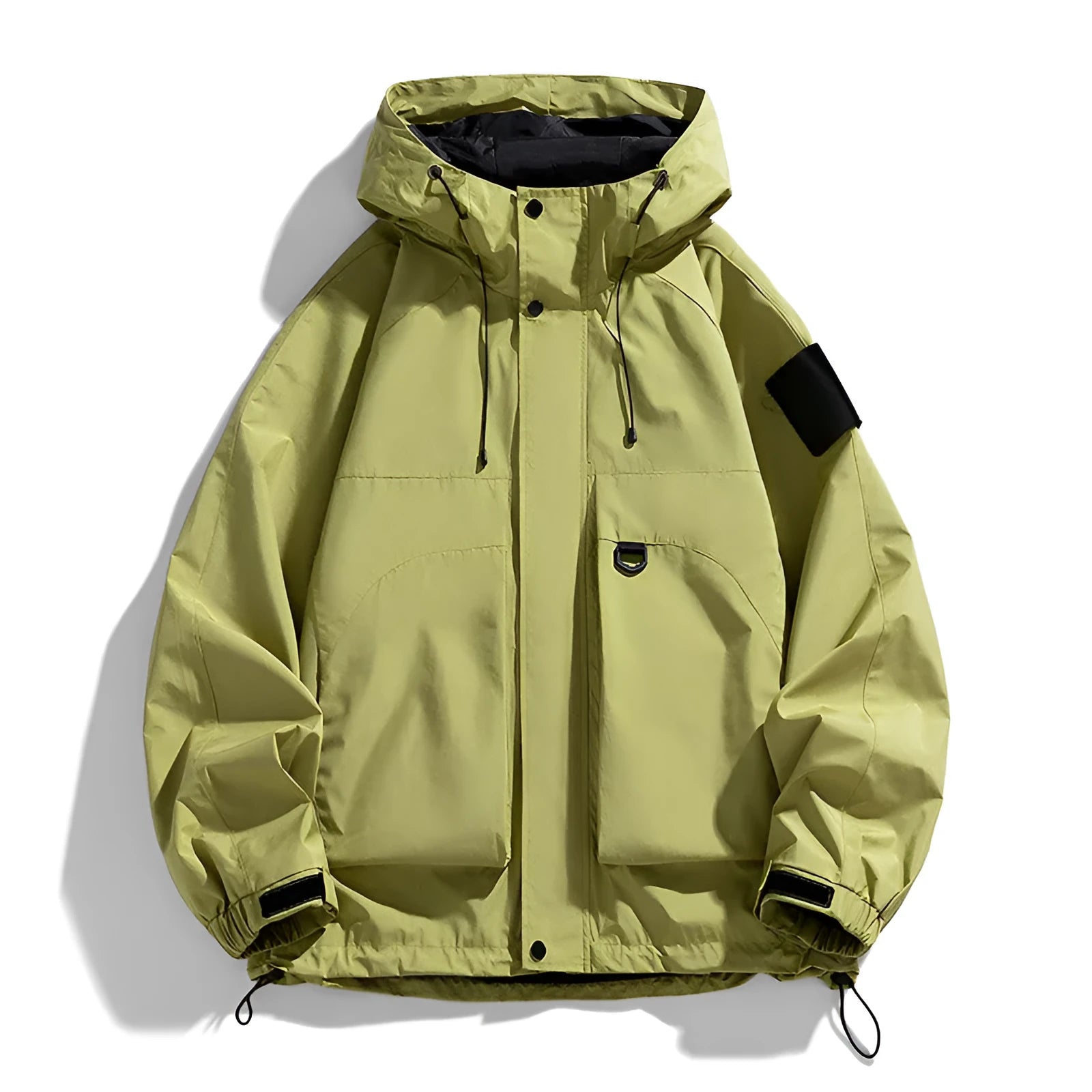 Men's black waterproof hooded coat on a hanger, showing regular length and long sleeves.