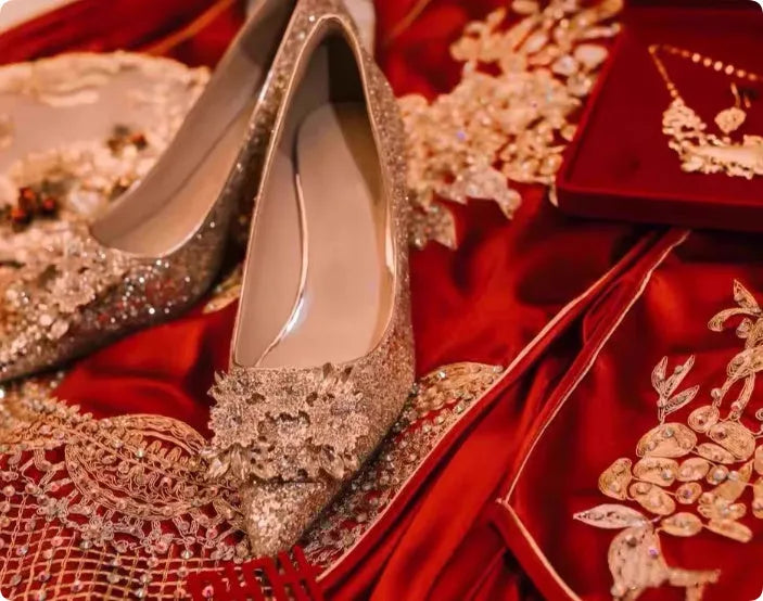 Champagne colour women's wedding shoes with crystal rhinestones and pointed toe design on fine heels