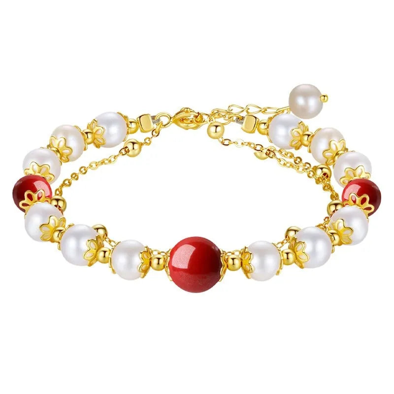 Sterling silver double-layer bracelet with cinnabar red bean freshwater pearls in geometric design
