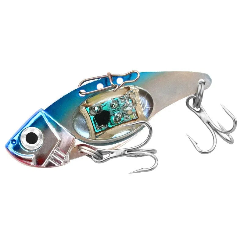 Electronic fishing lure with luminous metal vib body in blue and red colour options