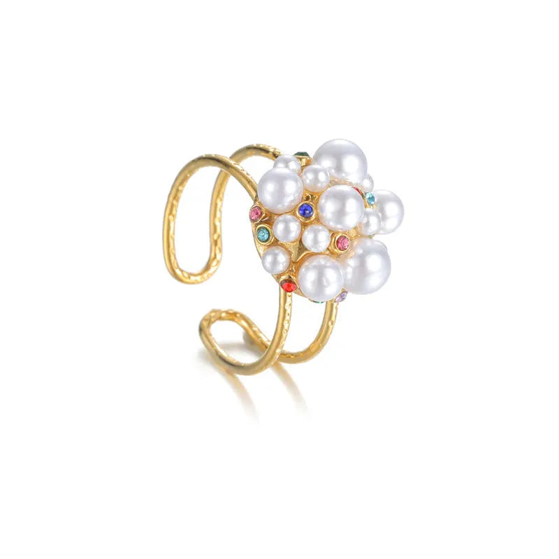 Adjustable stainless steel women's ring with pearl and zircon in round and heart shapes