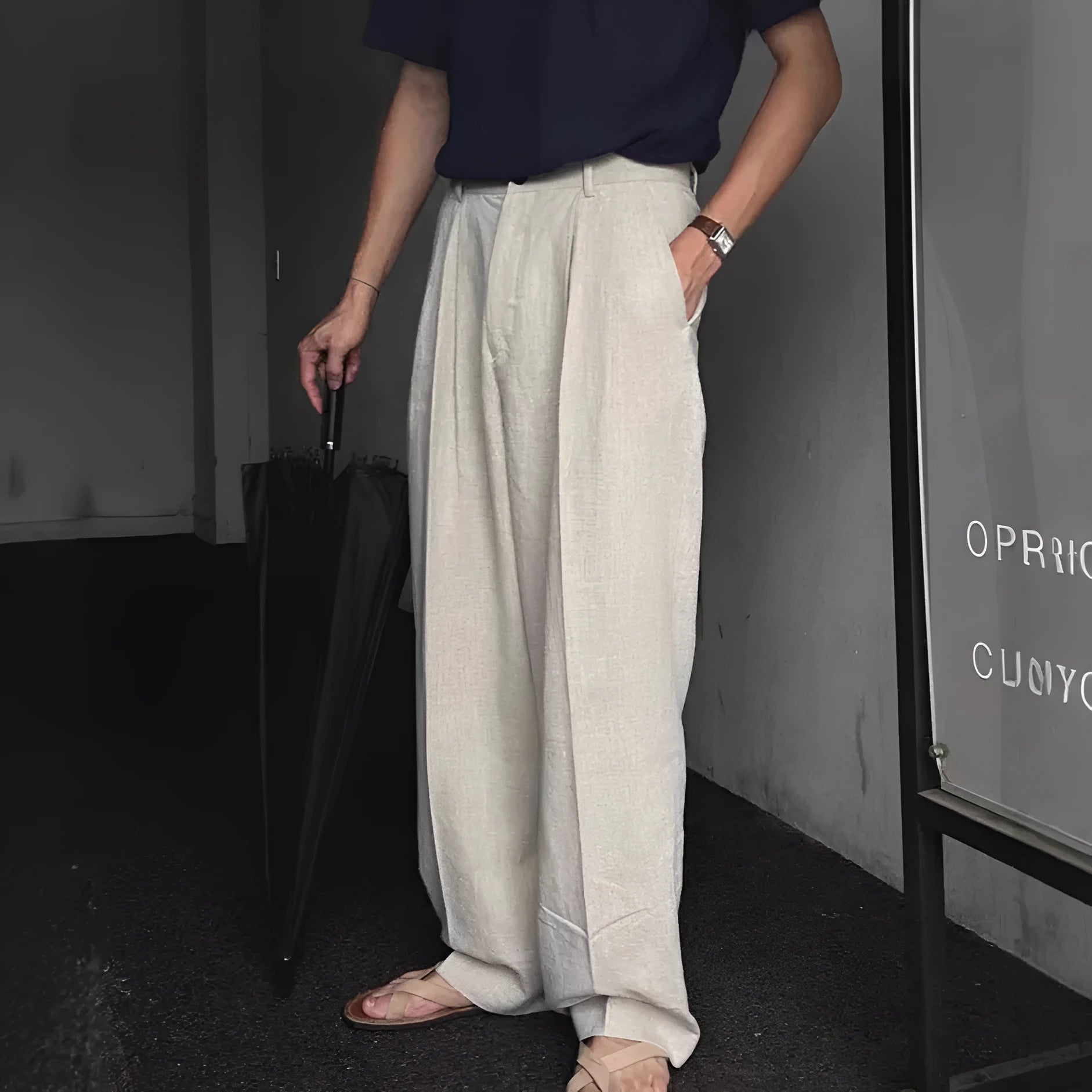 Men's lightweight cotton linen trousers in apricot with wide-leg cut and elastic waist