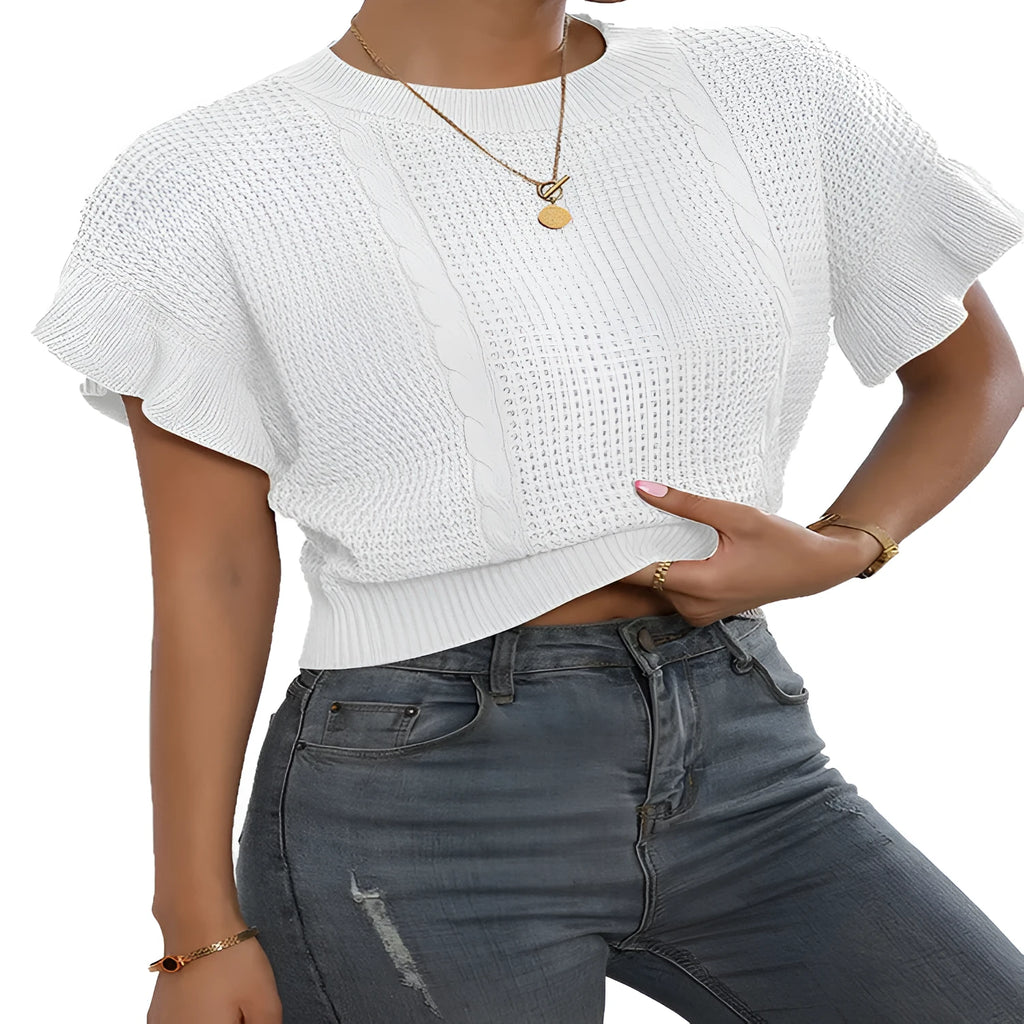 Knitted pullover sweater with twisted string ruffled short sleeves in polyester fabric