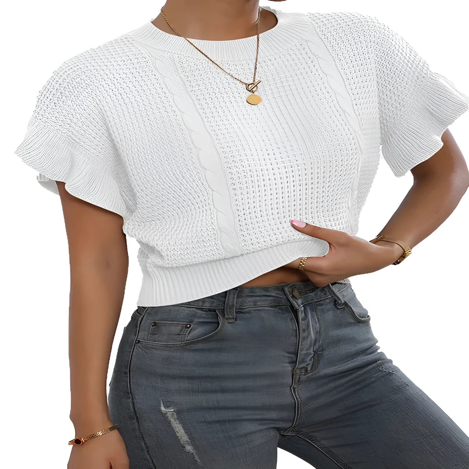 Knitted pullover sweater with twisted string ruffled short sleeves in polyester fabric