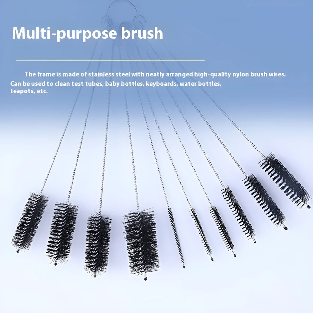 Set of thin stainless steel cleaning brushes with nylon bristles for cleaning drinking straws and bottles.