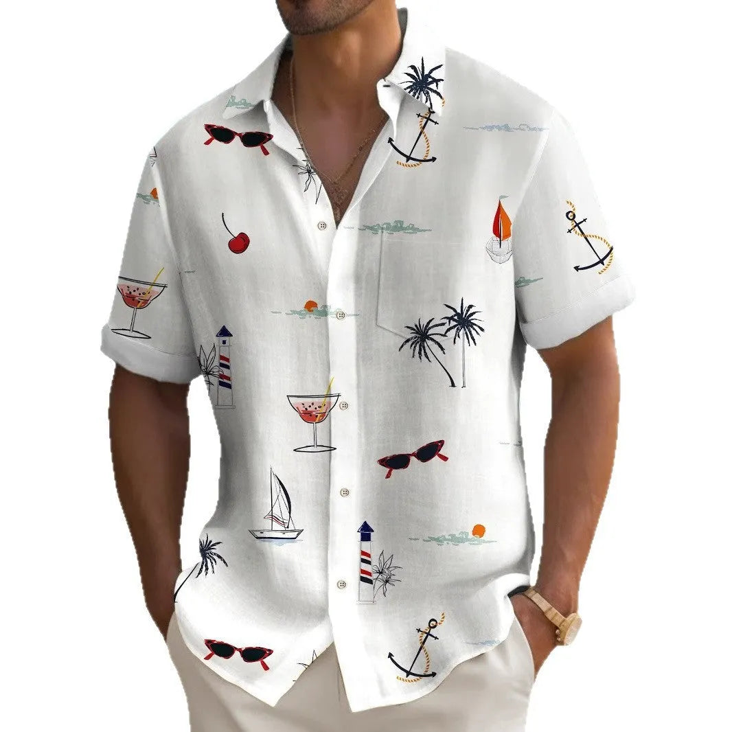 Men's loose fit Hawaiian shirt with colourful digital print pattern on polyester fabric.