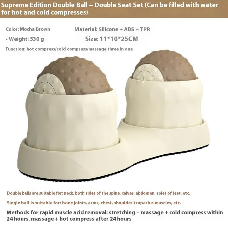 Caramel mocha and green massage balls for cold and hot compress therapy on a wooden surface.