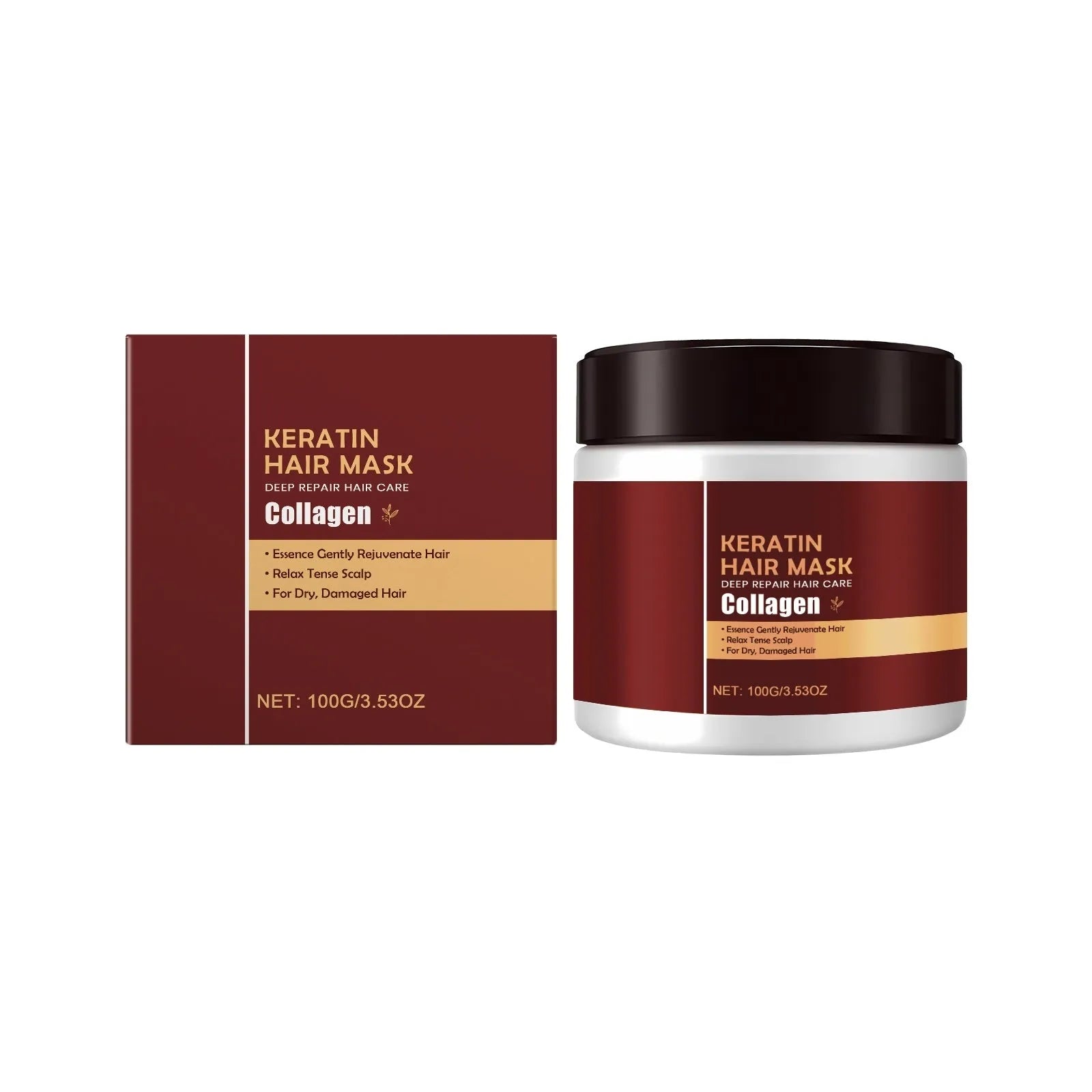 A 5.5cm cube-shaped jar containing 100g of moisturising hair mask with hydrolysed keratin and collagen.