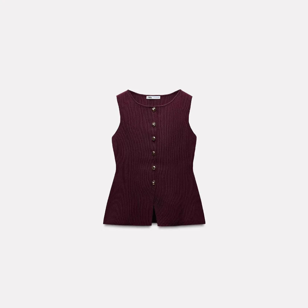Dark red slim-fit sleeveless vest with gold buttons and textured 3D pattern fabric.