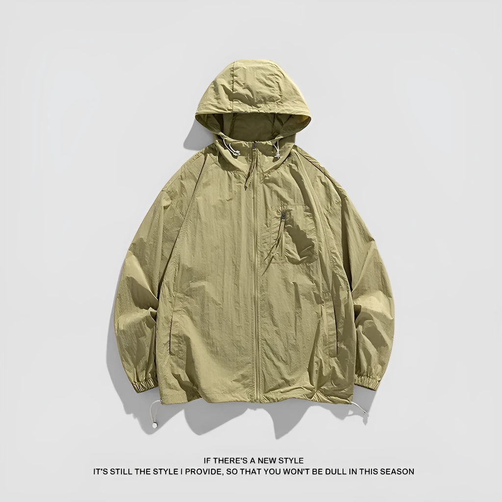 Lightweight Lycra sun protection hooded jacket in caramel colour showing front view