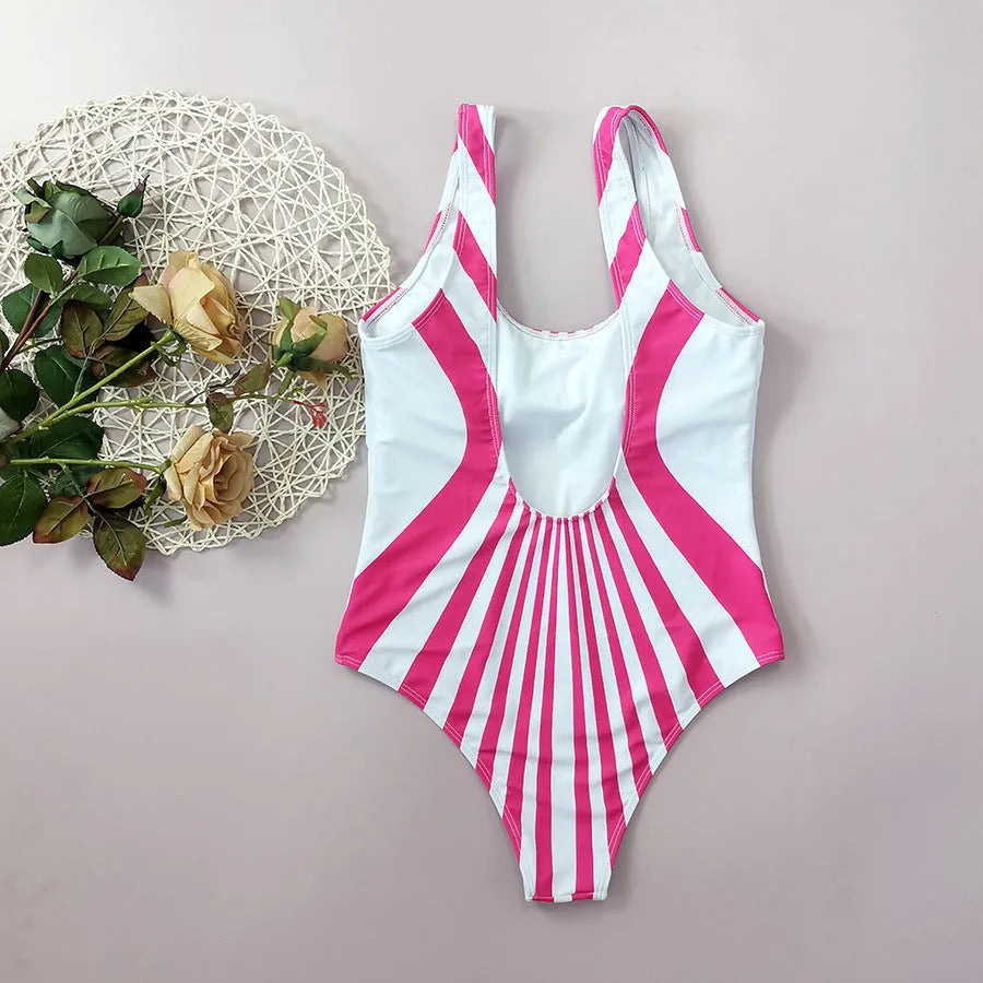 Women's pink striped one-piece swimsuit with digital printing front and back