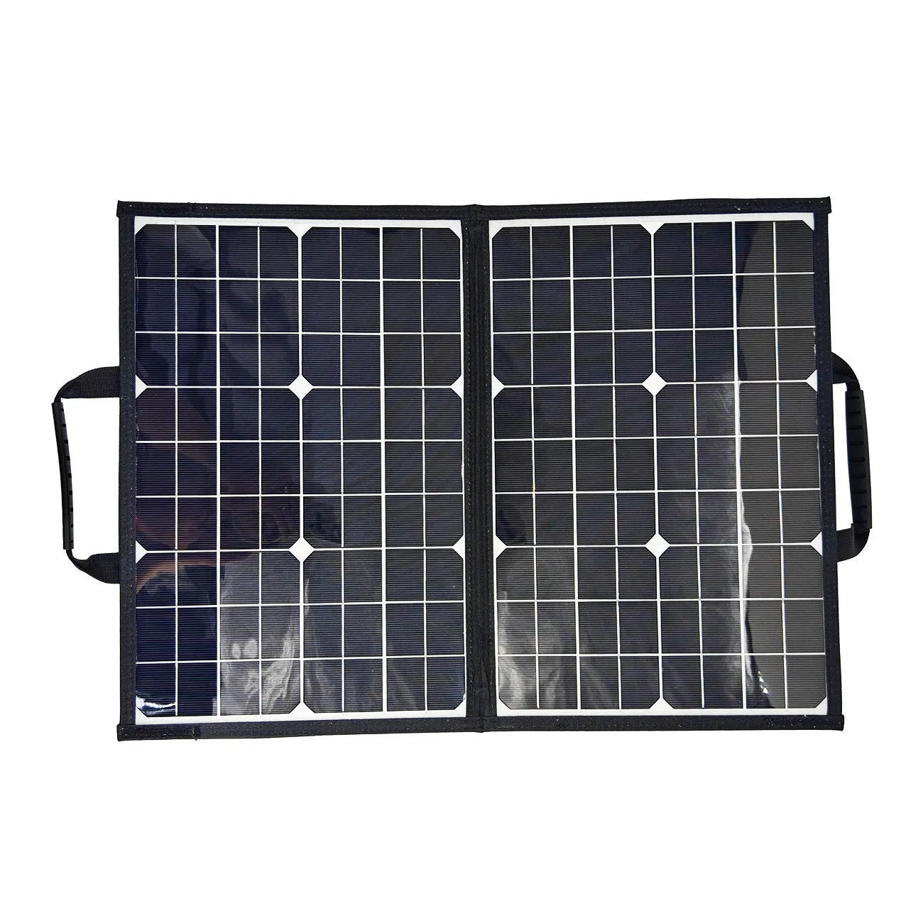 Black folding bag solar panel charger showing 40W monocrystalline design for outdoor use