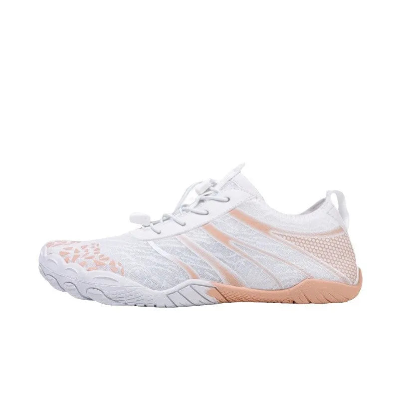 Casual unisex beach running shoes in Lycra stretch fabric, shown in beige, black, dark blue, gray, or white powder.