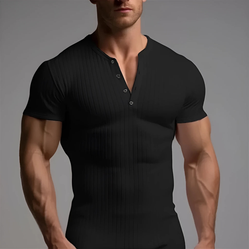 Men's slim-fit sports T-shirt in polyester on a hanger, shown in army green colour.