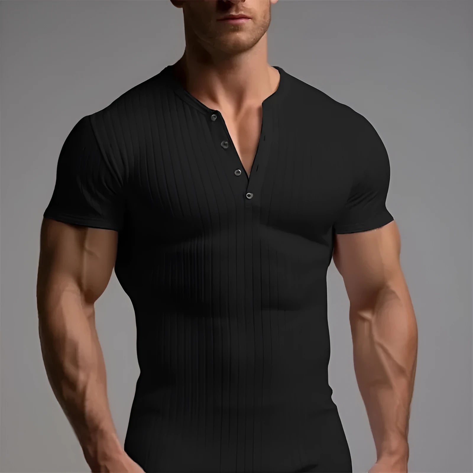 Men's slim-fit sports T-shirt in polyester on a hanger, shown in army green colour.