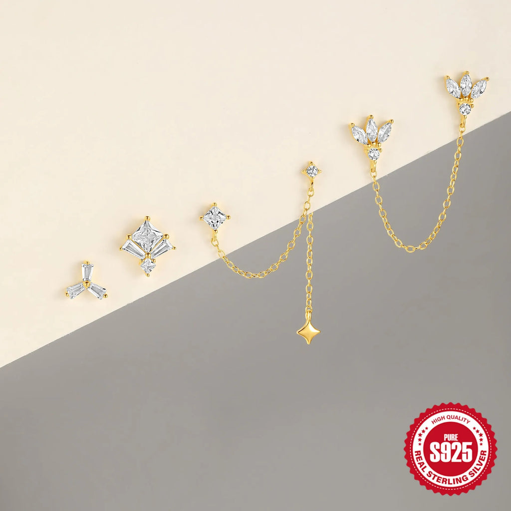 Golden geometric S925 sterling silver stud earrings with zircon crystals