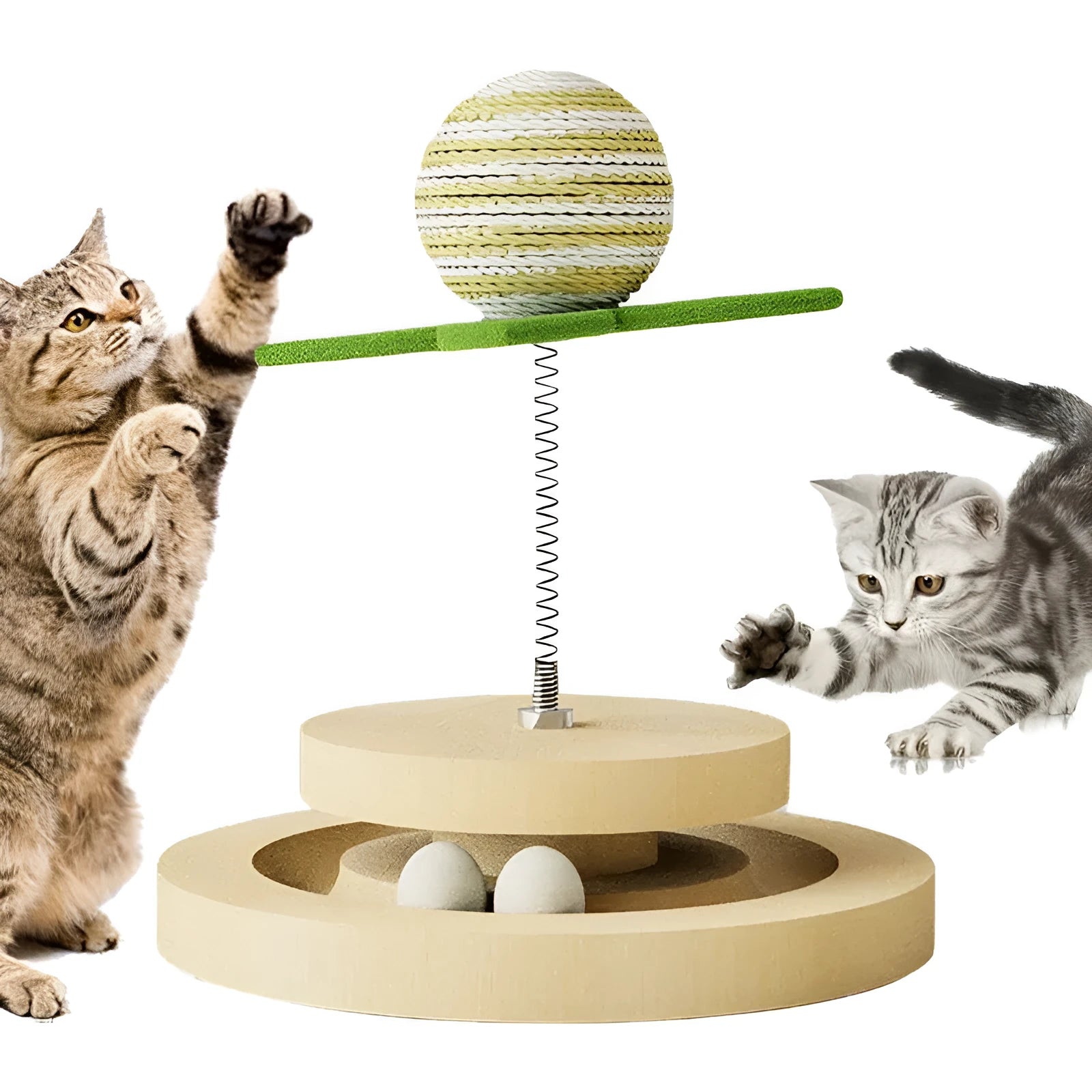 Green sisal scratching pad cat toy with multi-layer circular ball tracks containing rotating balls