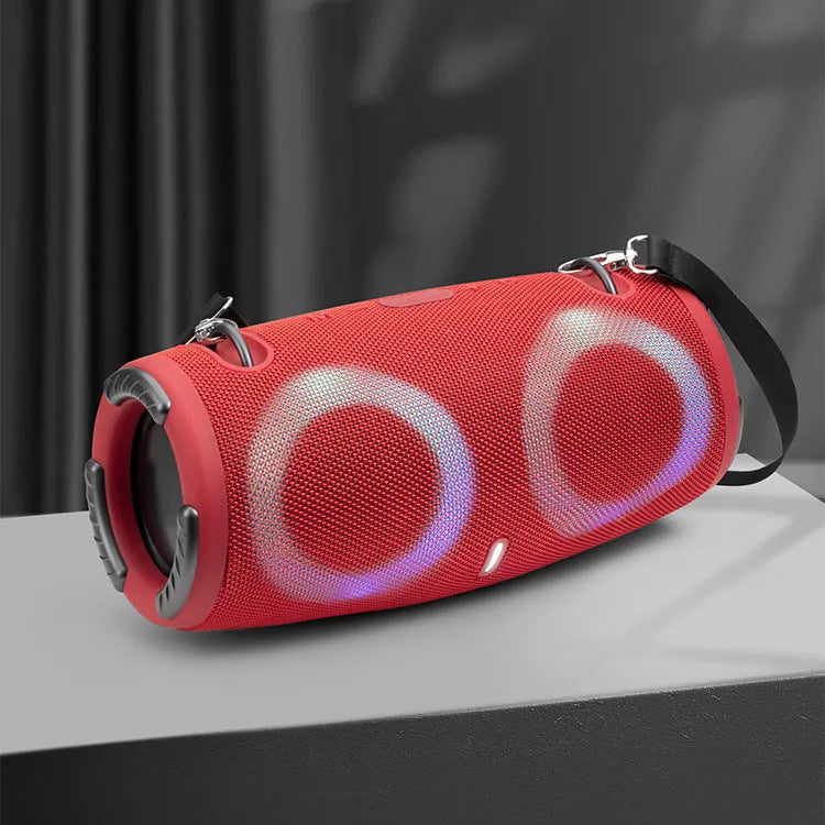 Portable Bluetooth speaker with RGB lights in black, blue, camouflage, red, or silver grey.