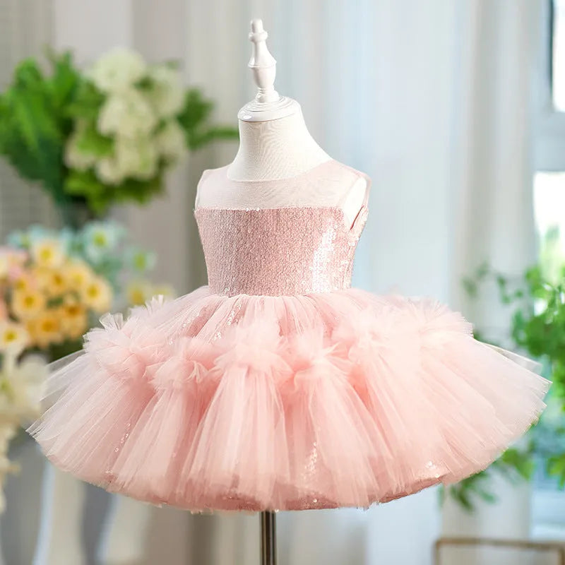 Children's sequined sleeveless pink princess dress on a girl, suitable for heights 80-160cm, polyester fabric