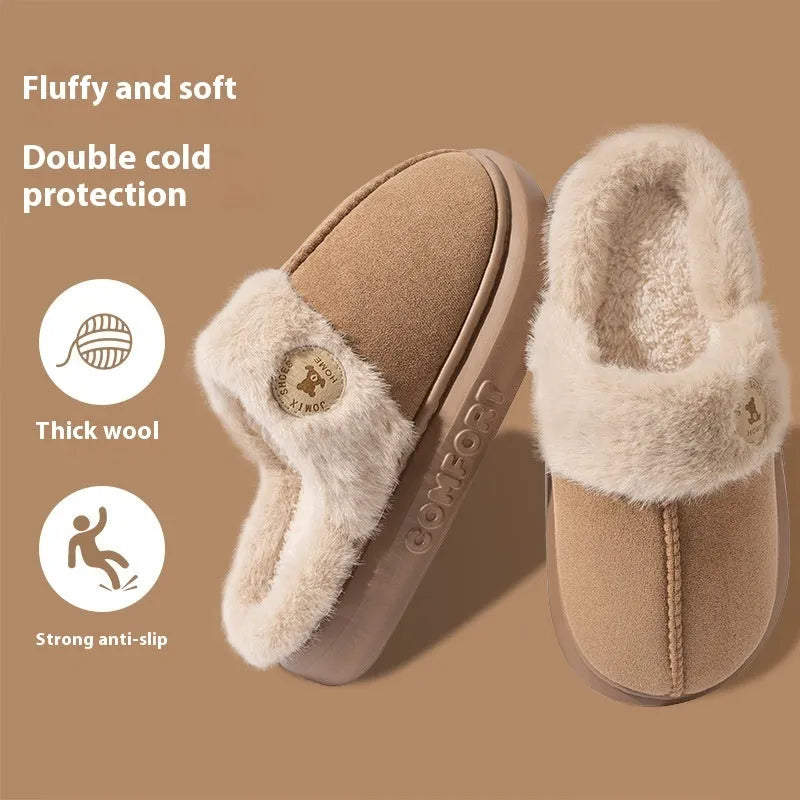 Plush fleece winter slipper for indoor use with thick PVC sole, shown in multiple colours.