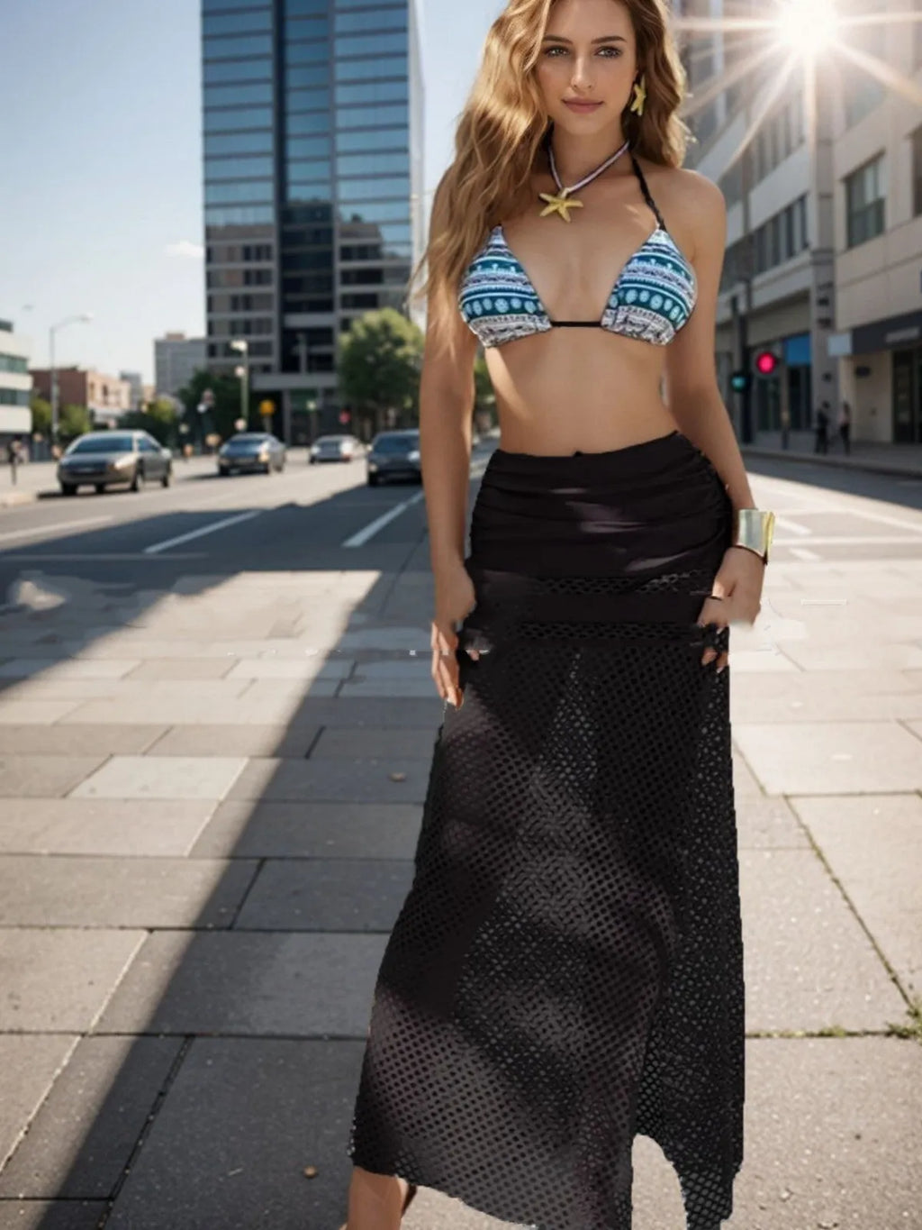 Women's gradient pattern bikini three-piece set with fishnet long skirt in brown colour option
