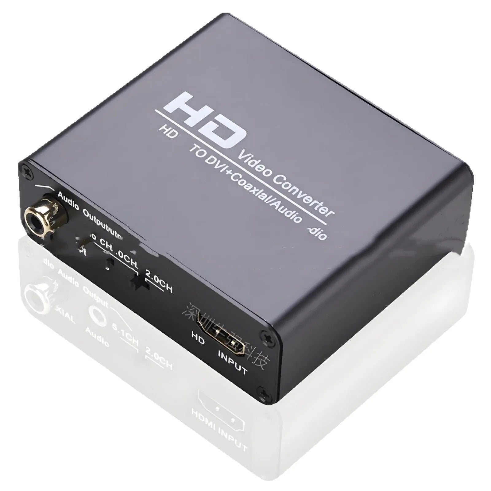 Black HDMI to DVI digital converter with coaxial audio output port and a 1.5-metre black connection cable.