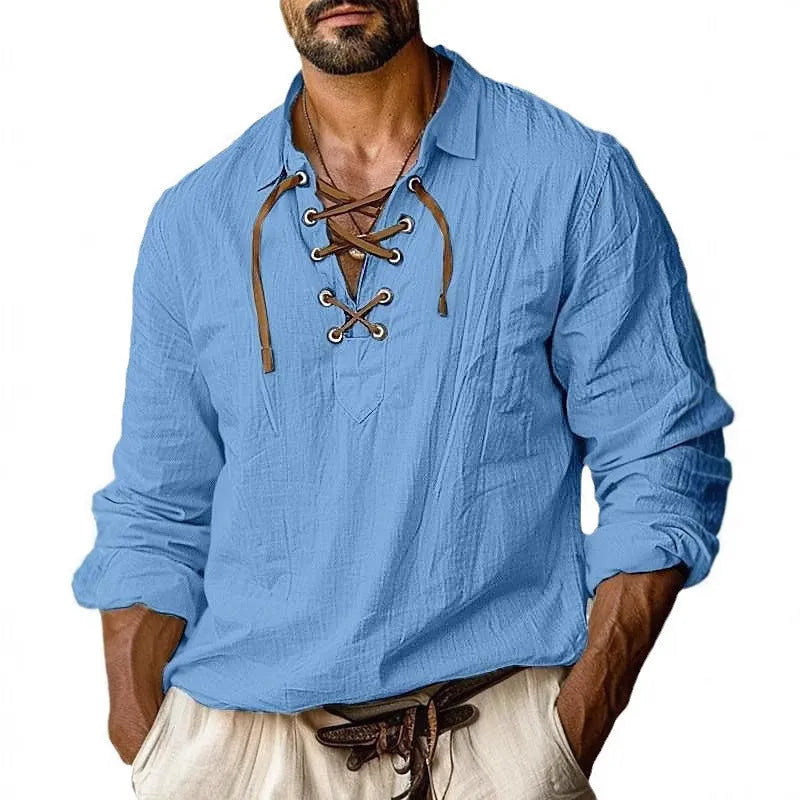 Men's plus size loose-fit linen shirt with a lapel collar in a solid blue colour.
